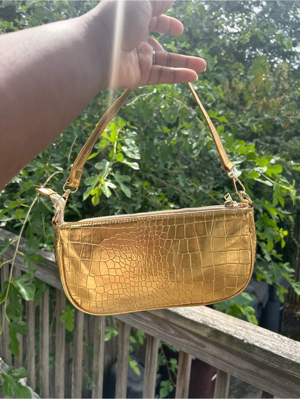 Gold Croc-Embossed Shoulder Bag